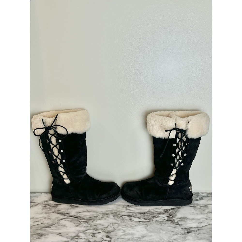 Ugg‎ Upside Black Sheepskin Shearling Fur Lined Boots Lace-Up Side Women's 8 - Picture 6 of 12